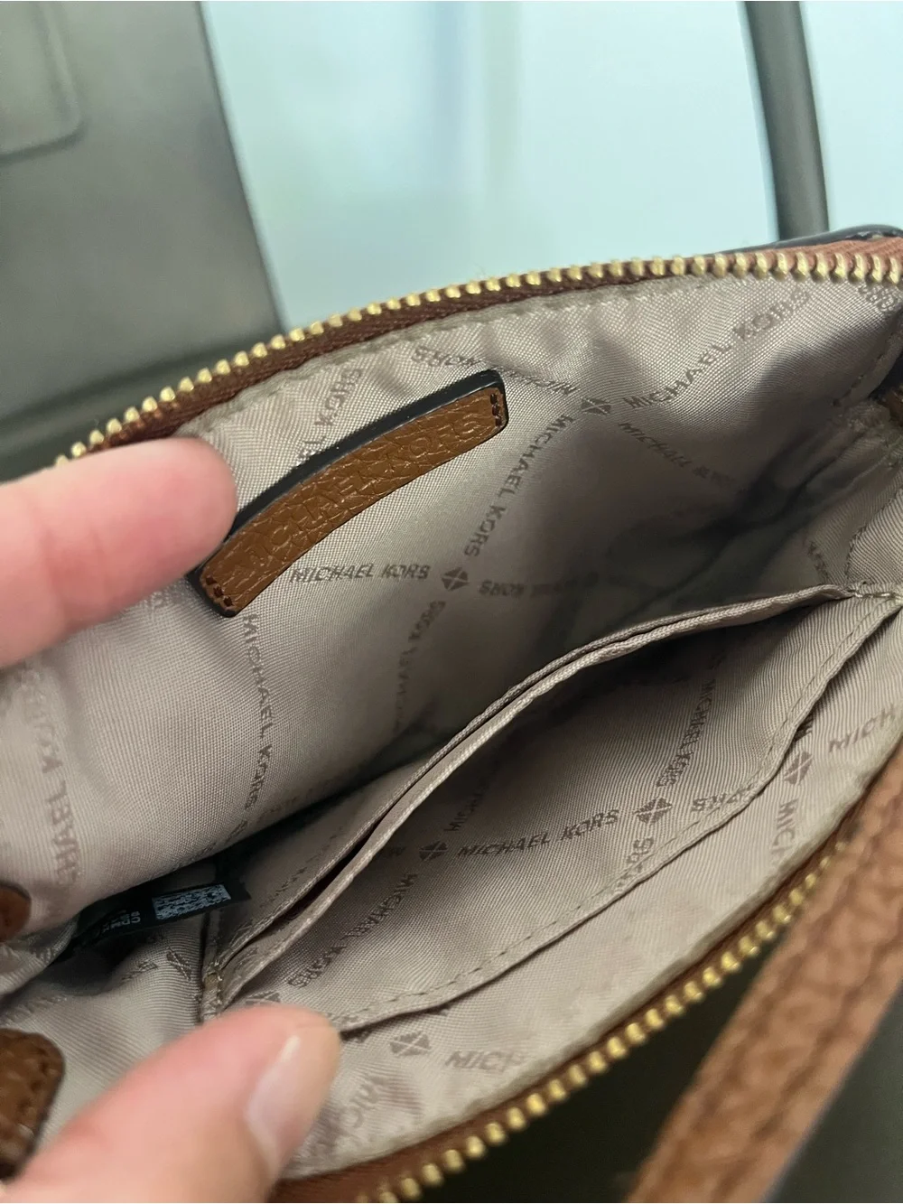 Michael Kors Cognac Brown Leather Zip Wristlet with Gold Logo